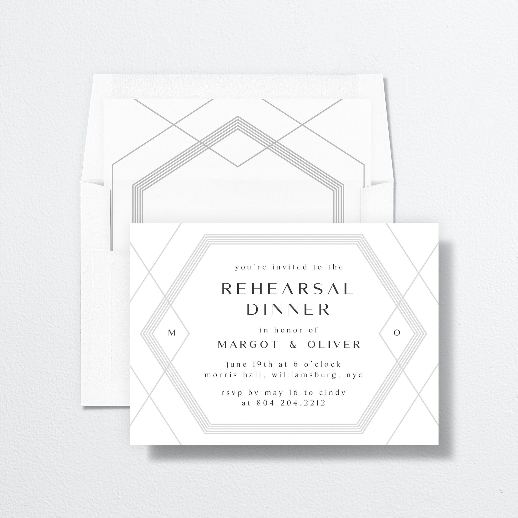 Geometric Elegance Rehearsal Dinner Invitations envelope-and-liner in white