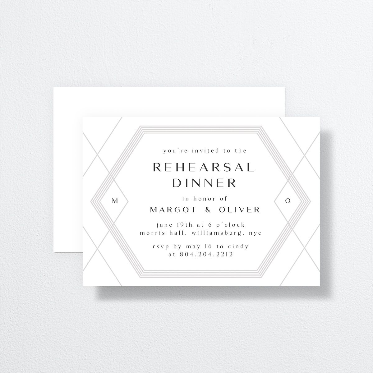 Geometric Elegance Rehearsal Dinner Invitations front-and-back in white