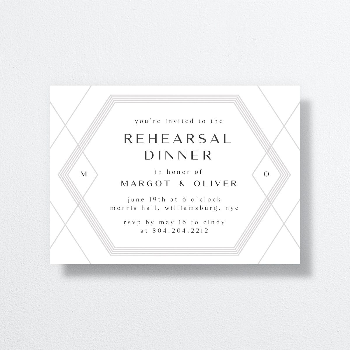 Geometric Elegance Rehearsal Dinner Invitations front in white