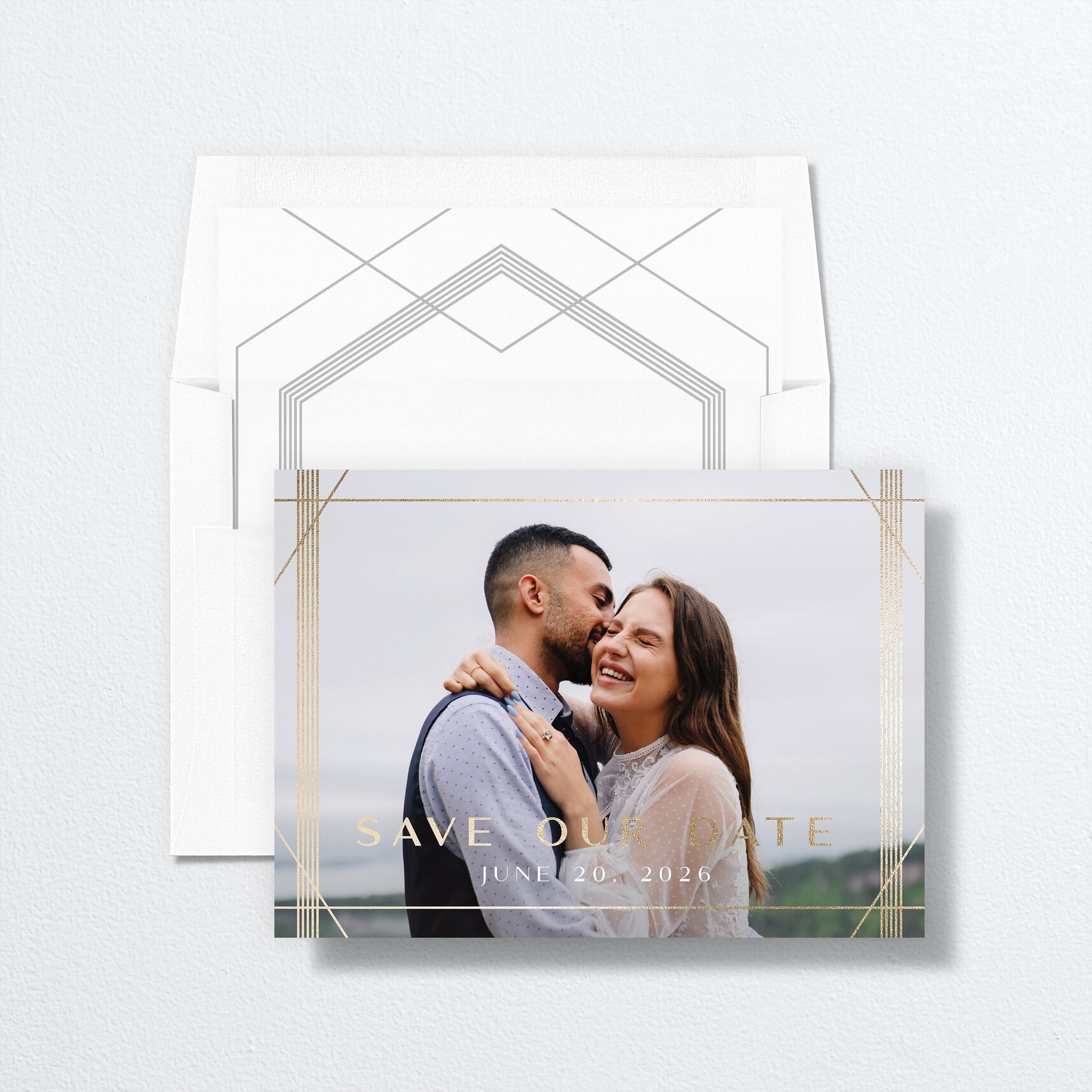 Geometric Elegance Save The Date Cards envelope-and-liner in white