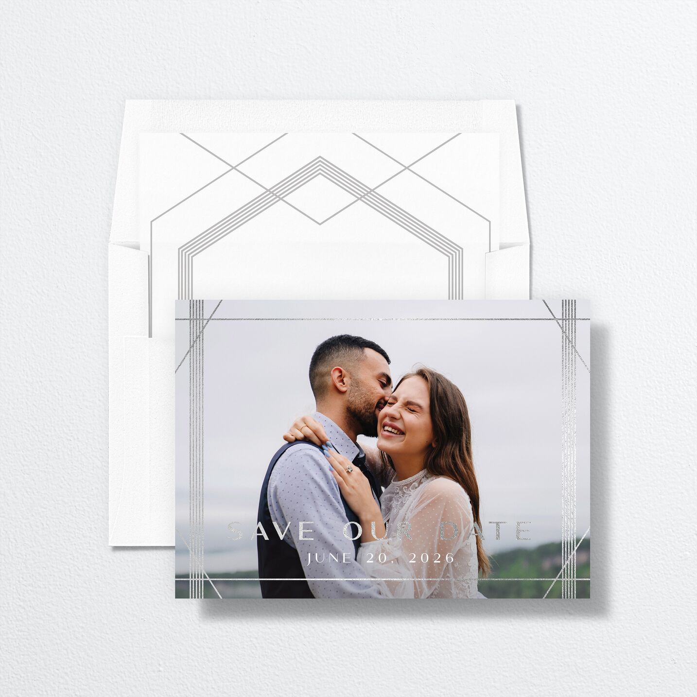 Geometric Elegance Save The Date Cards envelope-and-liner in white
