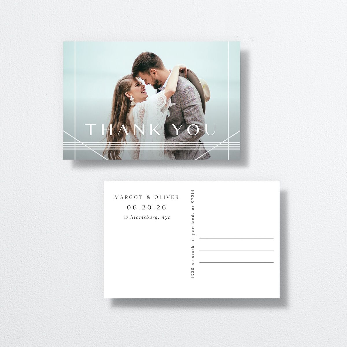 Geometric Elegance Thank You Postcards front-and-back in white