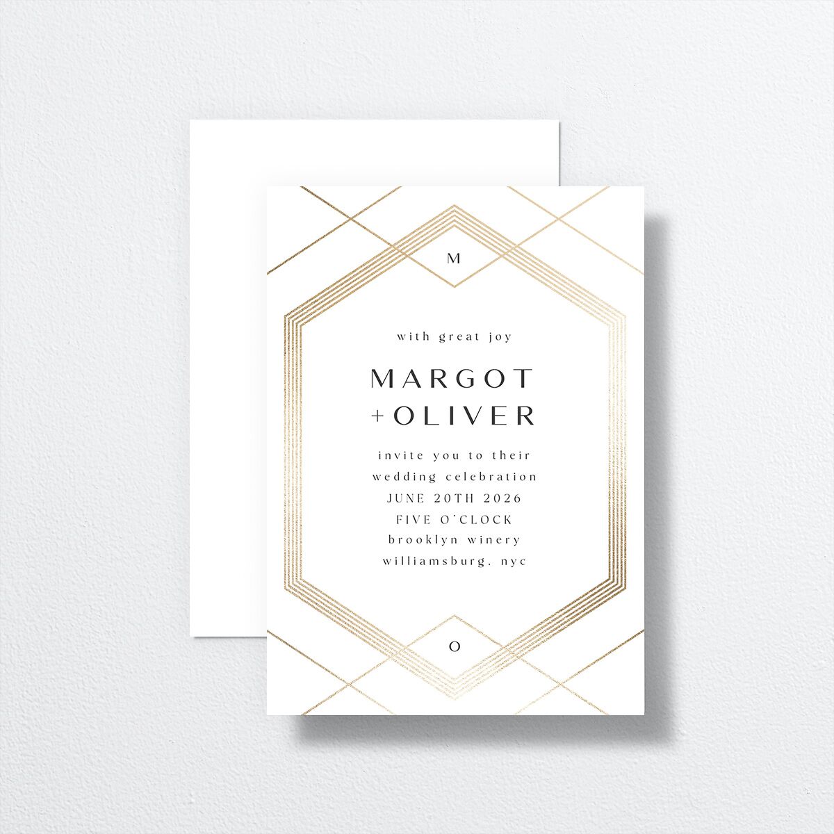 Geometric Elegance Wedding Invitations front-and-back in white