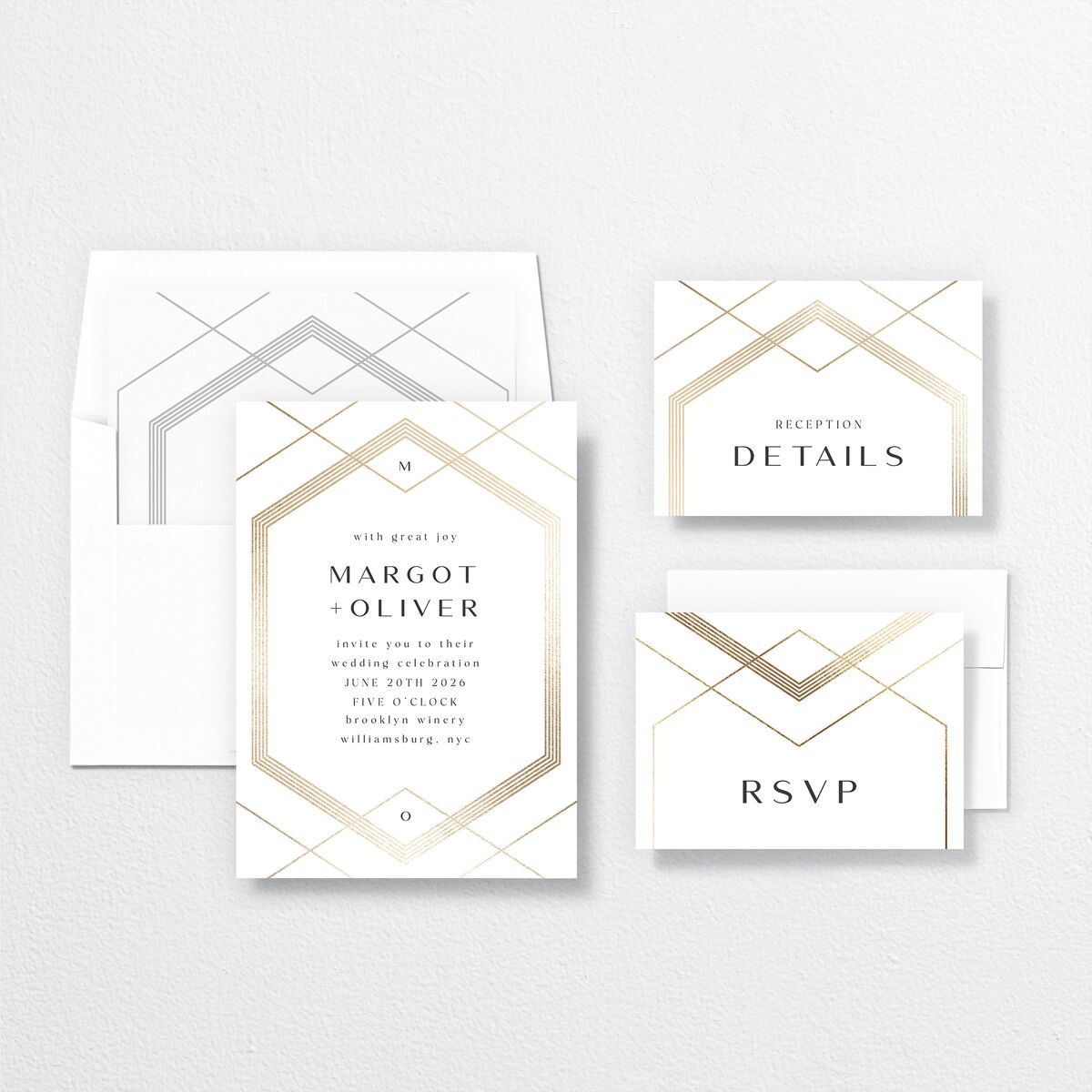 Geometric Elegance Wedding Invitations Gold Pure White Signature No