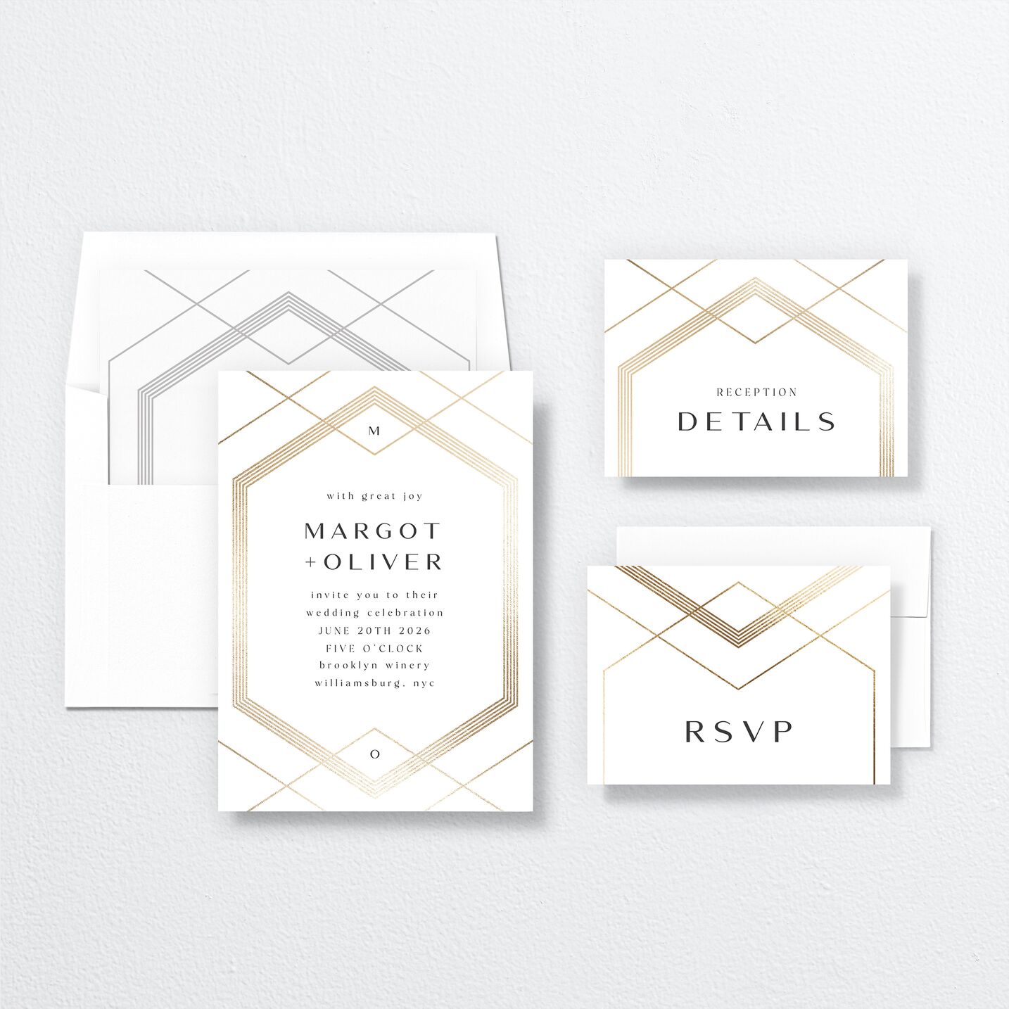 Geometric Elegance Wedding Invitations suite in white