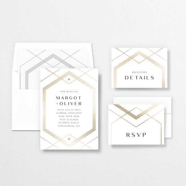 Geometric Elegance Wedding Invitations Gold Pure White Signature No