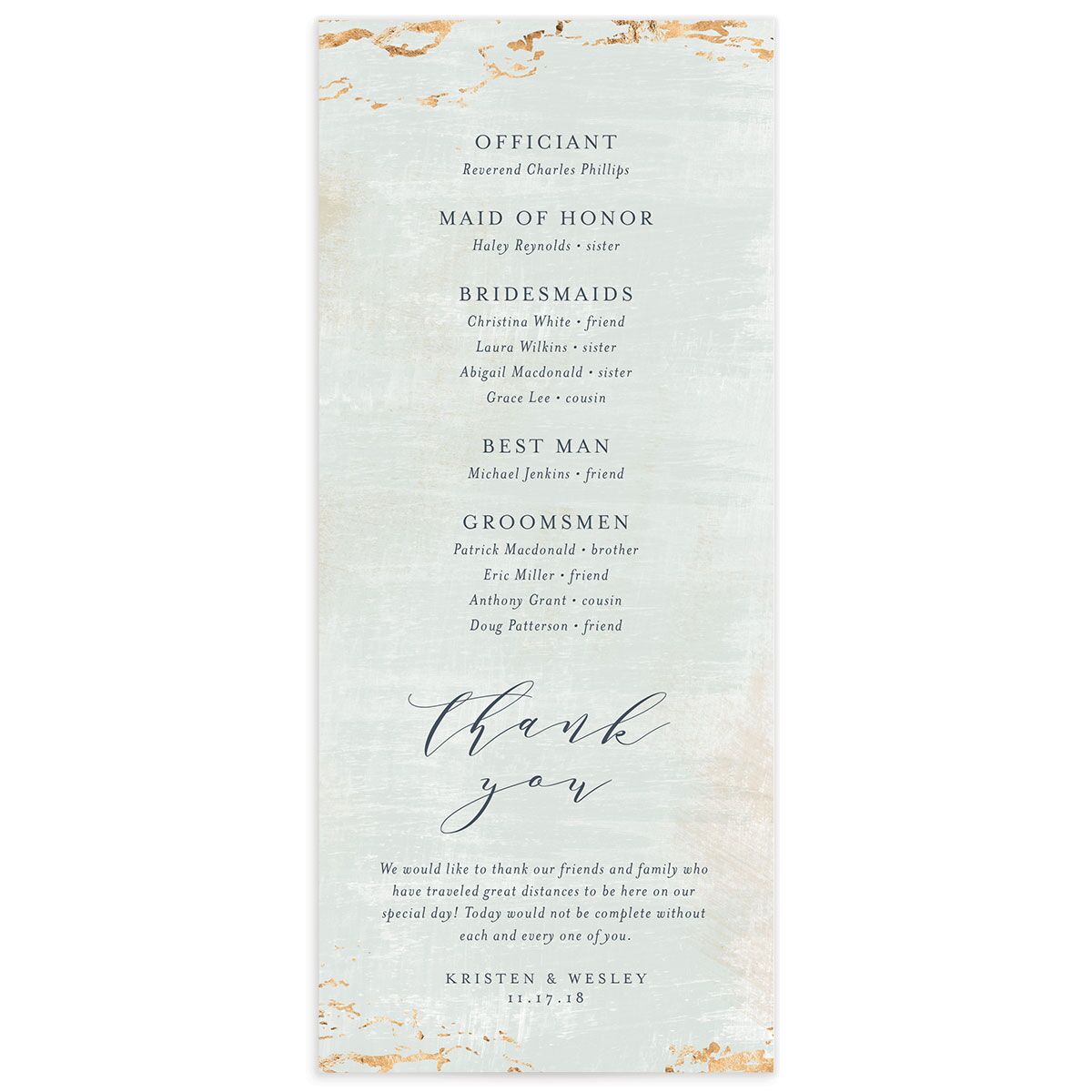Golden Accent Wedding Programs back in blue
