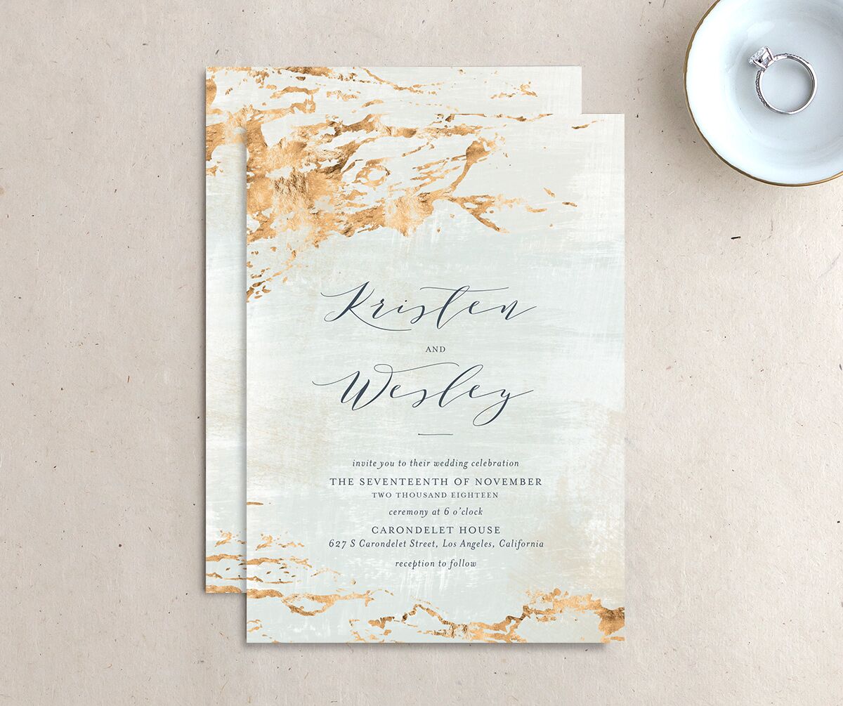 Golden Accent Wedding Invitations front-and-back in blue