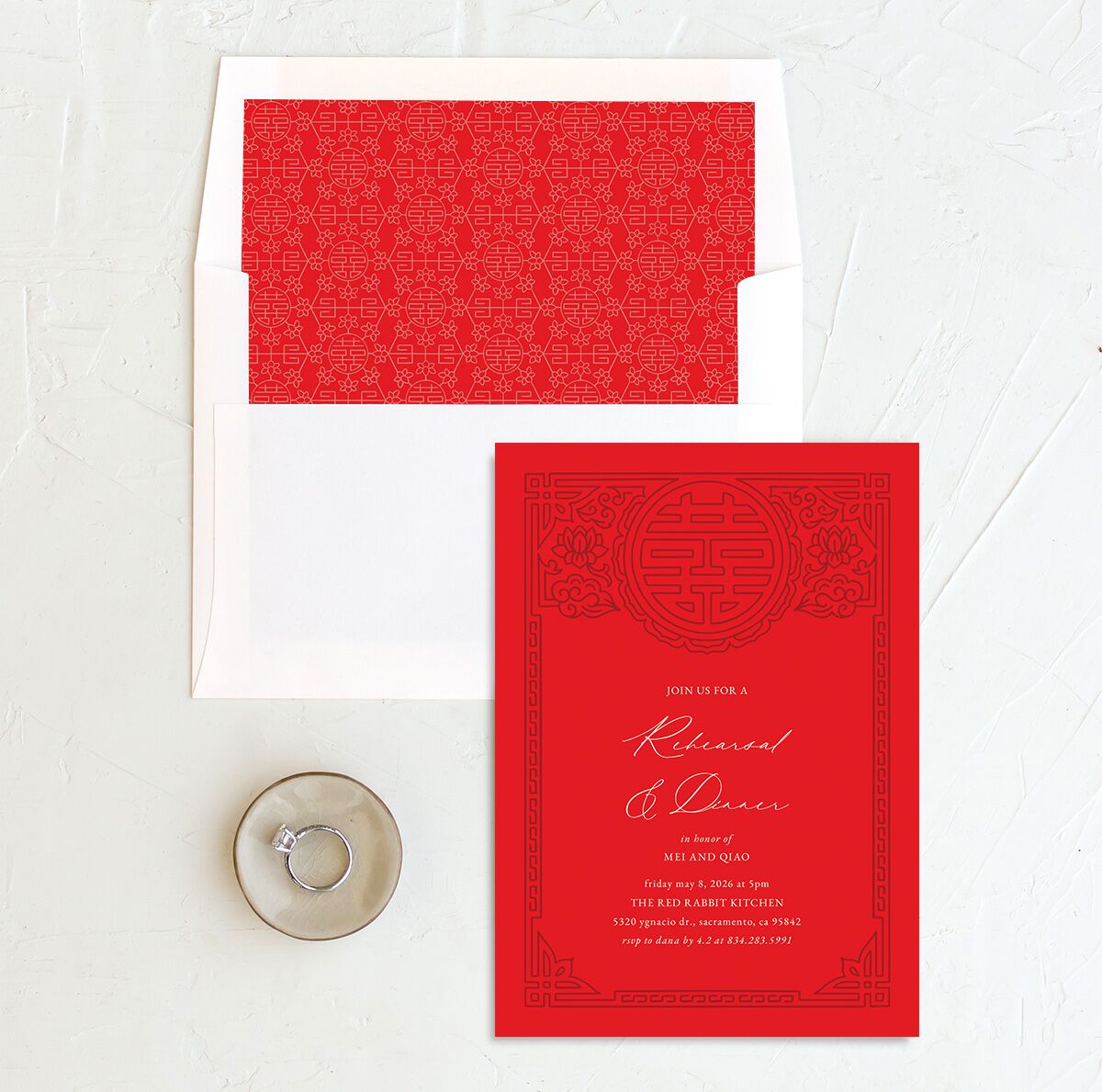 Double Happiness Rehearsal Dinner Invitations envelope-and-liner in red