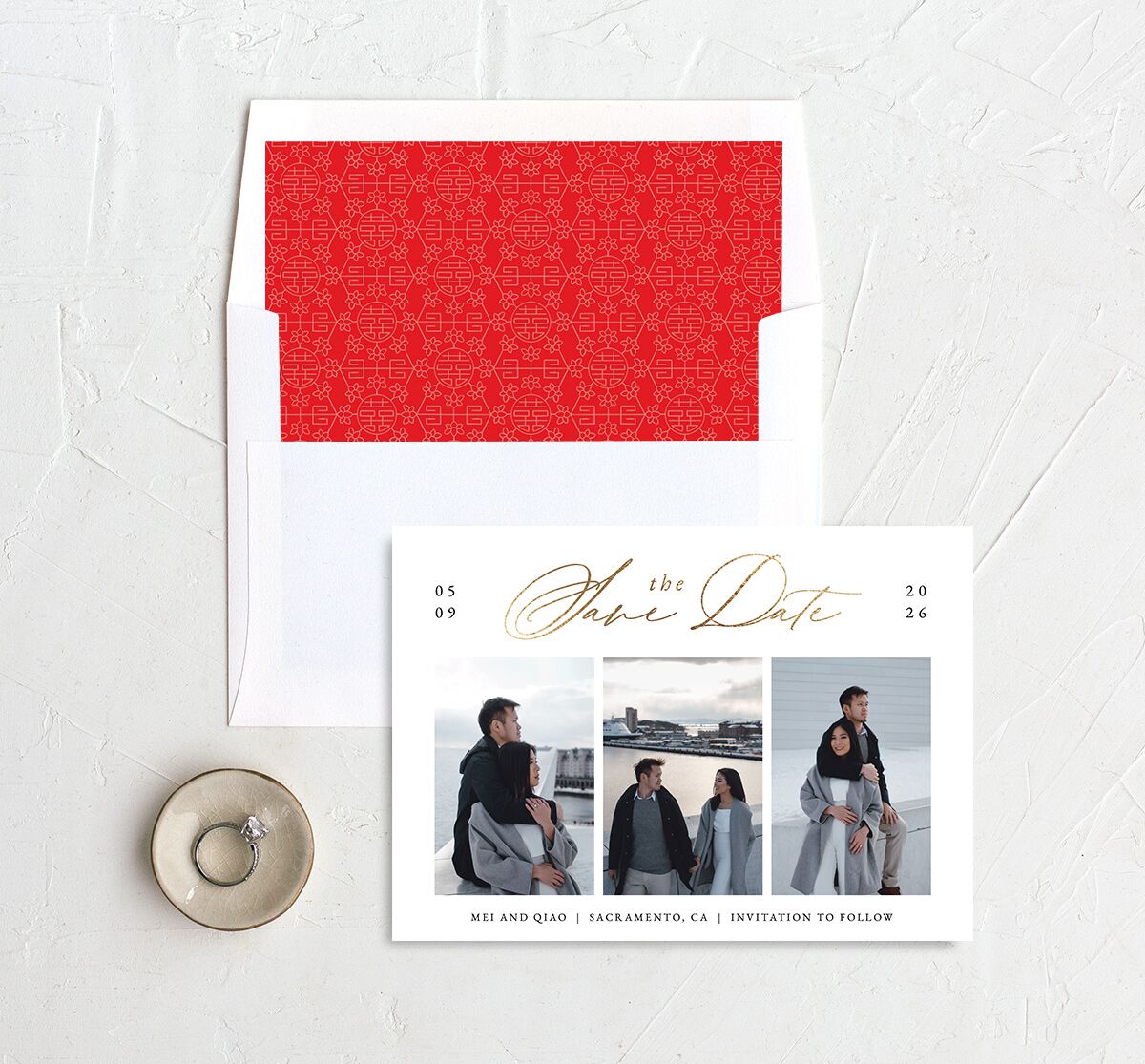 Double Happiness Save The Date Cards envelope-and-liner in red