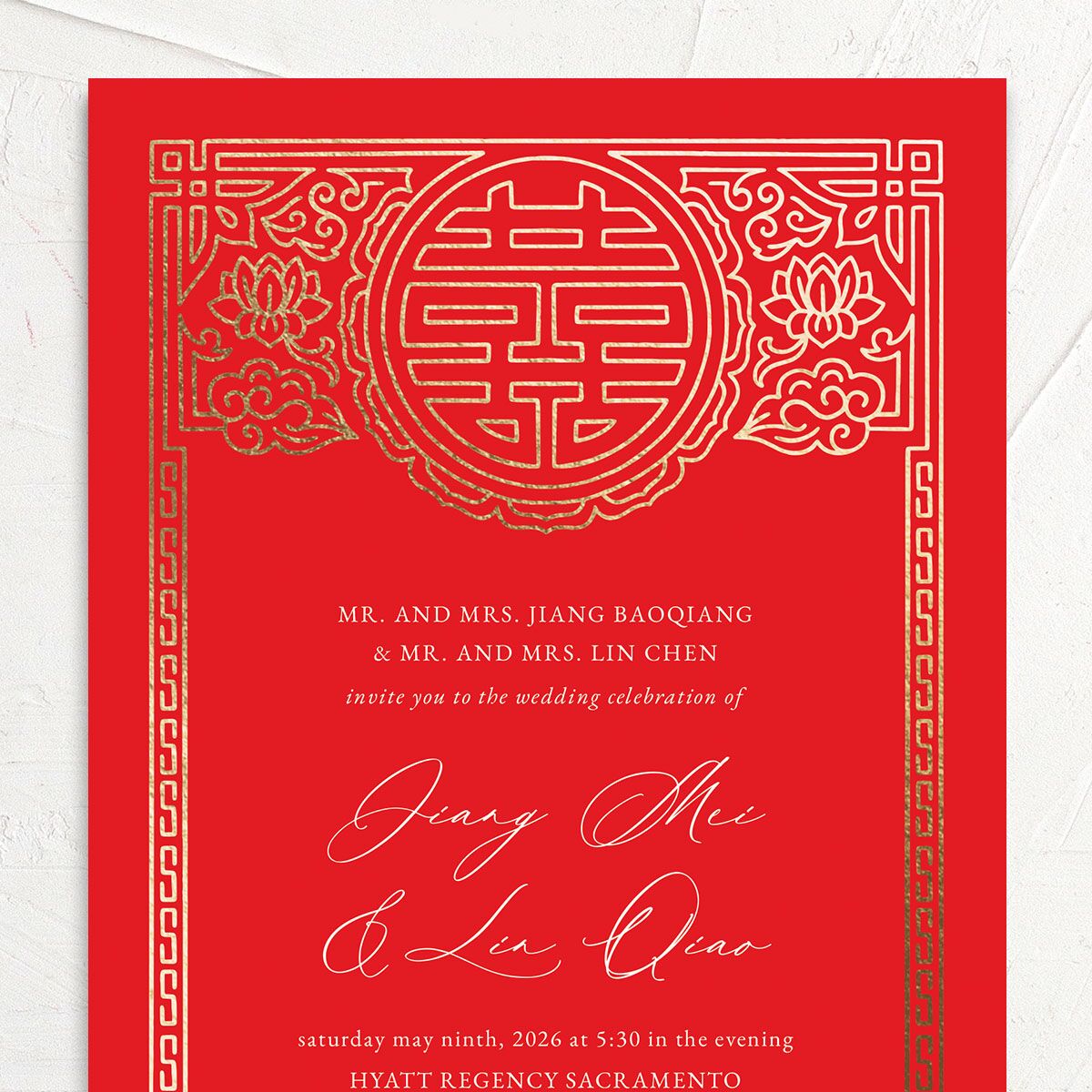 Double Happiness Wedding Invitations Gold Scarlet Signature No