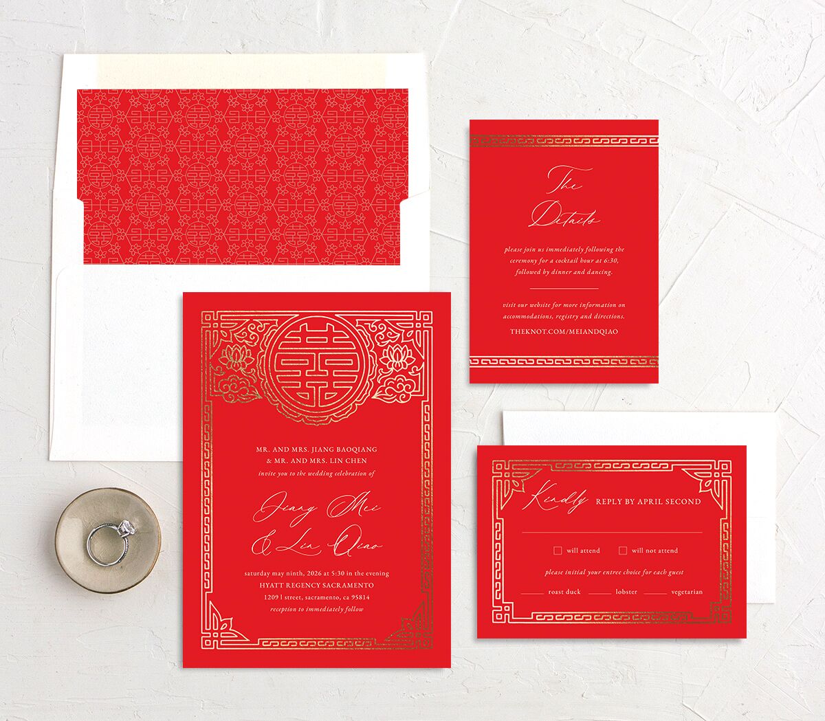 Double Happiness Wedding Invitations Gold Scarlet Signature No