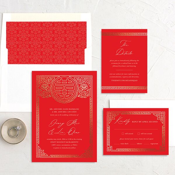 Double Happiness Wedding Invitations Gold Scarlet Signature No