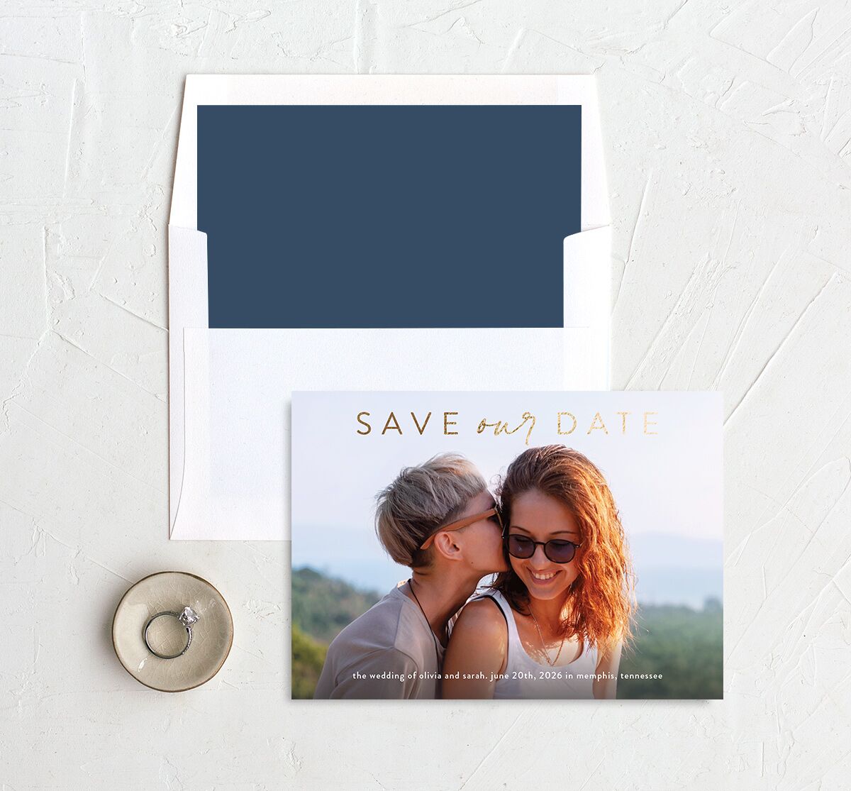 Nostalgic Confetti Save The Date Cards Gold Moody Blue Signature smooth No