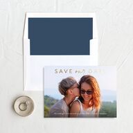 Nostalgic Confetti Save The Date Cards Gold Moody Blue Signature smooth No