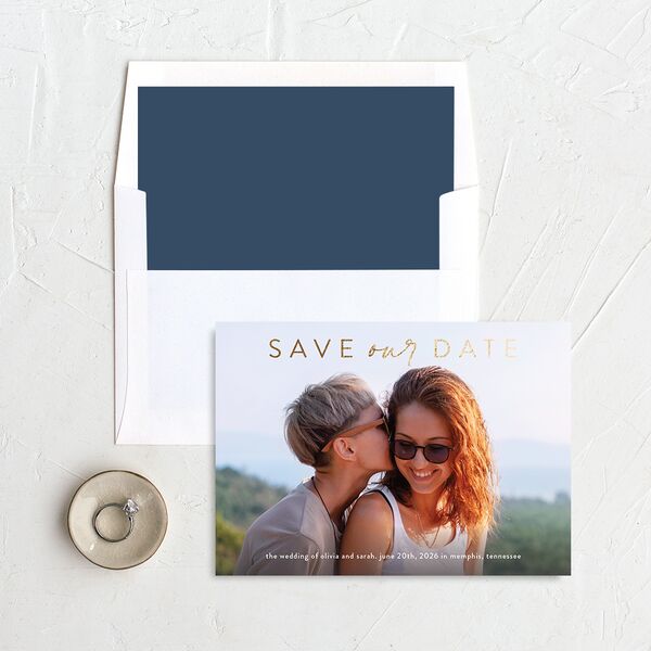 Nostalgic Confetti Save The Date Cards Gold Moody Blue Signature smooth No