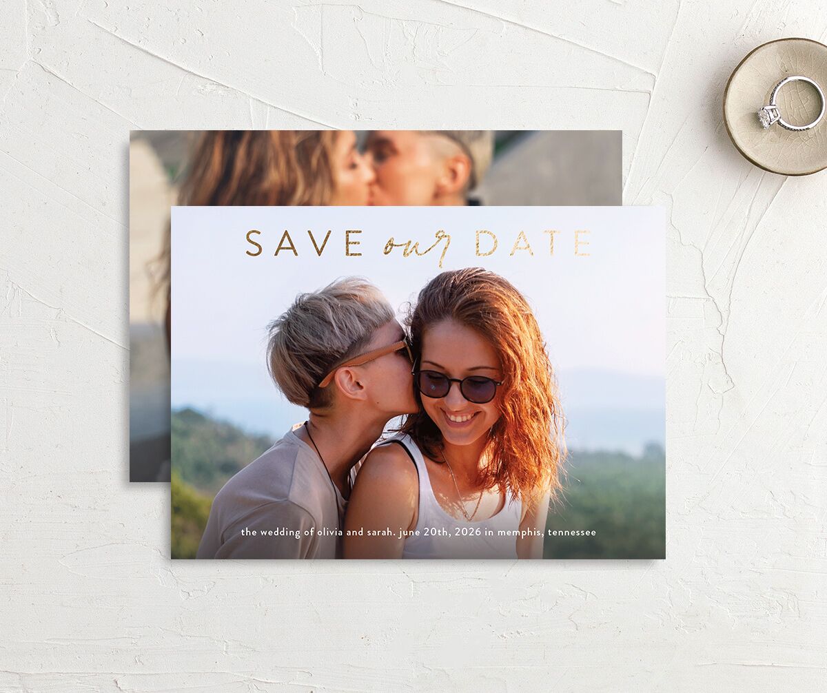 Nostalgic Confetti Save The Date Cards Gold Moody Blue Signature smooth No