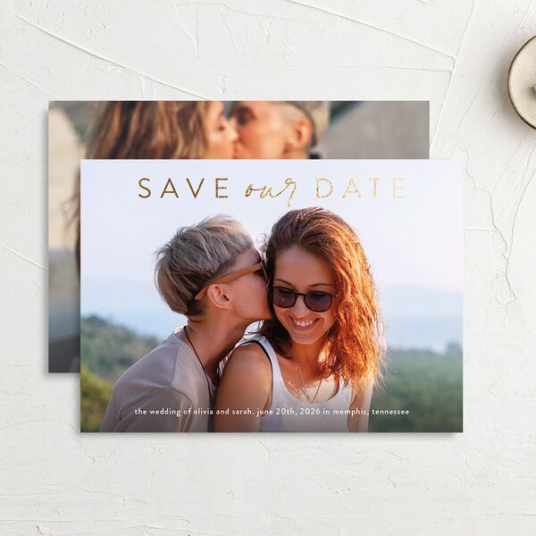 Nostalgic Confetti Save The Date Cards Gold Moody Blue Signature smooth No