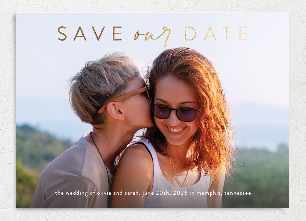 Nostalgic Confetti Save The Date Cards Gold Moody Blue Signature smooth No