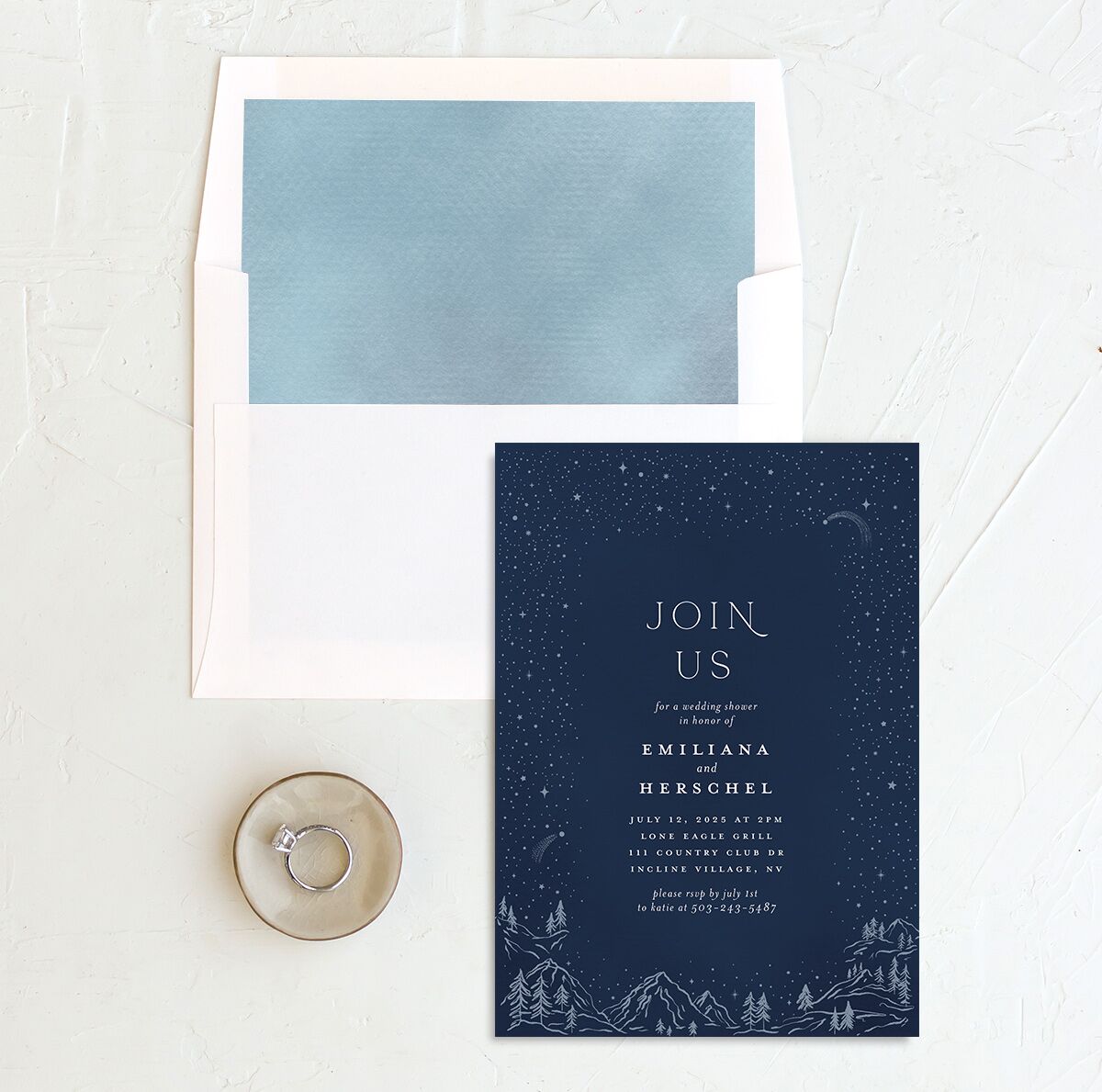 Mountain Sky Bridal Shower Invitations envelope-and-liner in blue