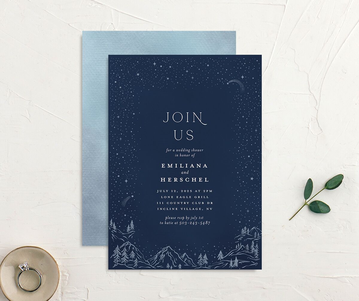 Mountain Sky Bridal Shower Invitations front-and-back in blue