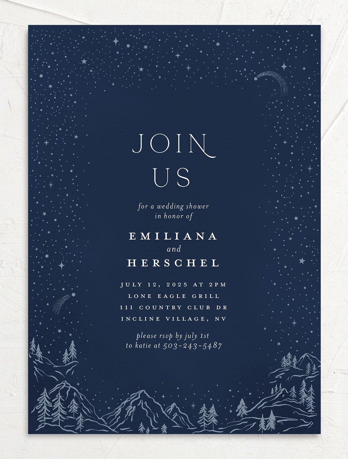 Mountain Sky Bridal Shower Invitations front in blue