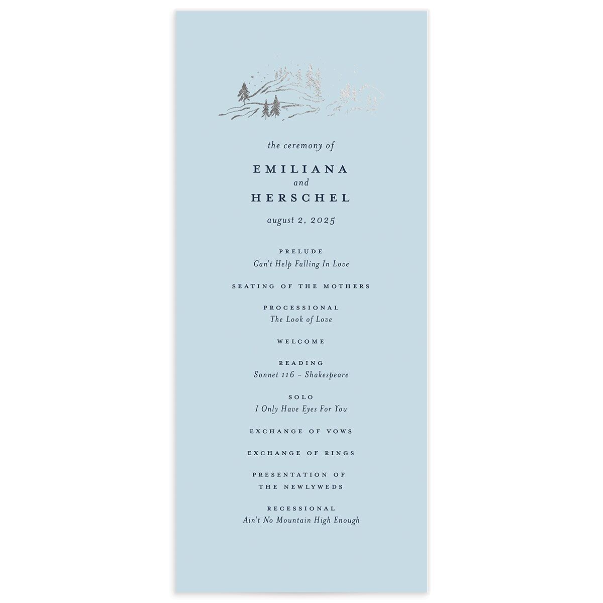 Mountain Sky Wedding Programs front in blue