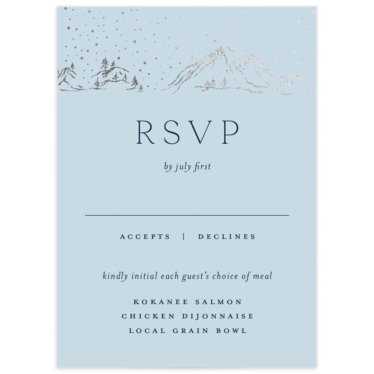 Mountain Sky Wedding Response Cards front in blue