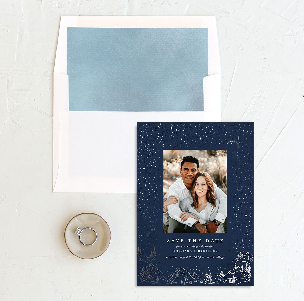 Mountain Sky Save The Date Cards envelope-and-liner in blue