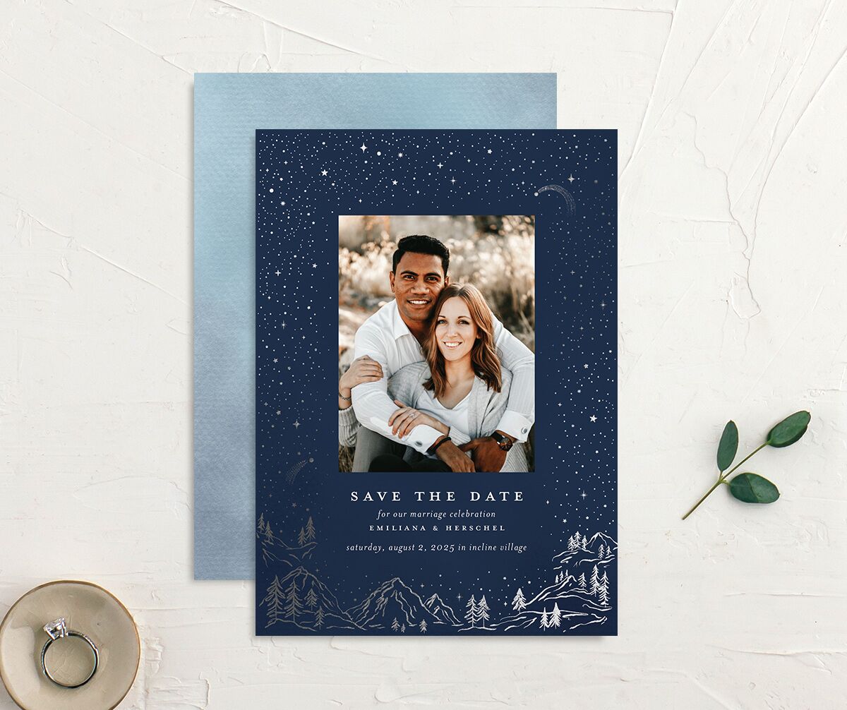 Mountain Sky Save The Date Cards front-and-back in blue