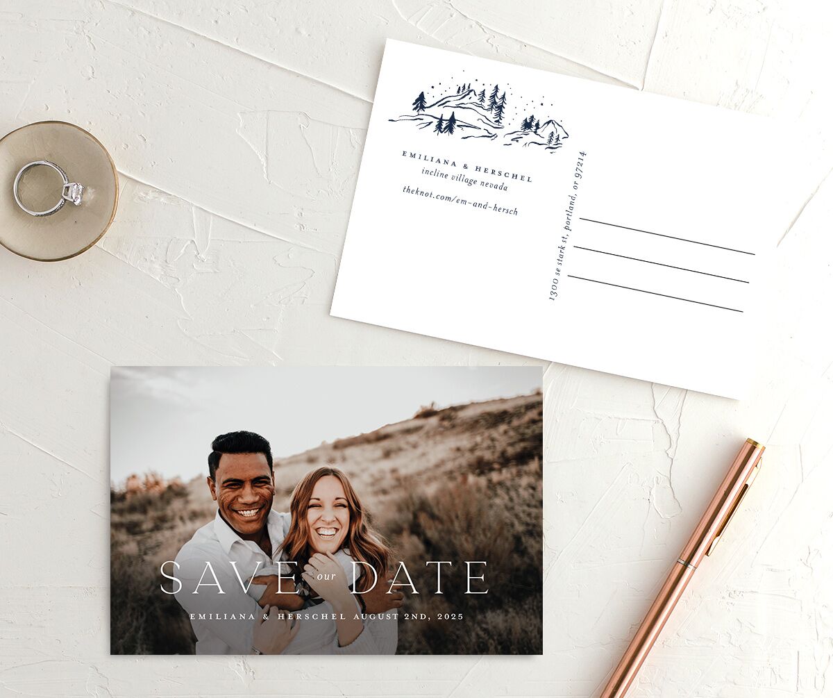Mountain Sky Save The Date Postcards front-and-back in blue