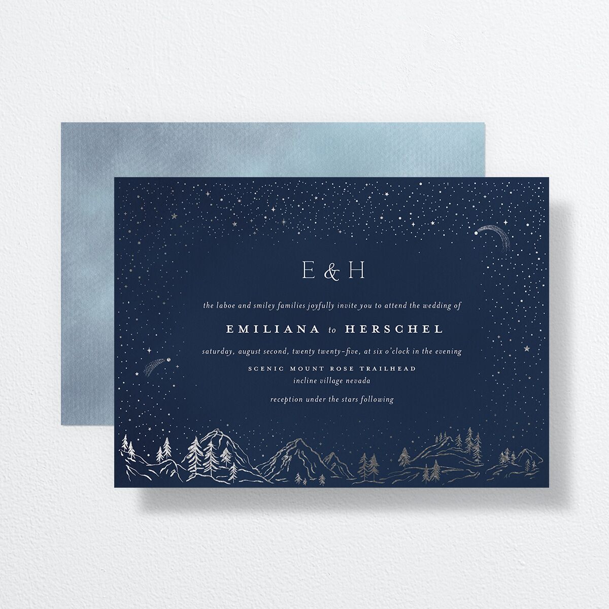 Mountain Sky Wedding Invitations front-and-back in blue