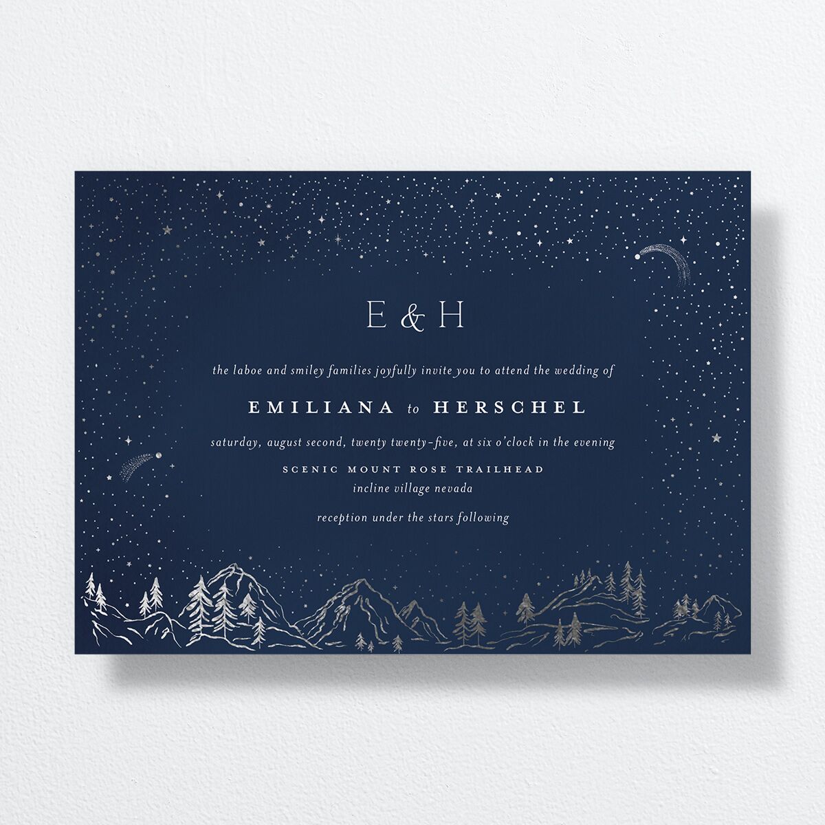 Mountain Sky Wedding Invitations front in blue