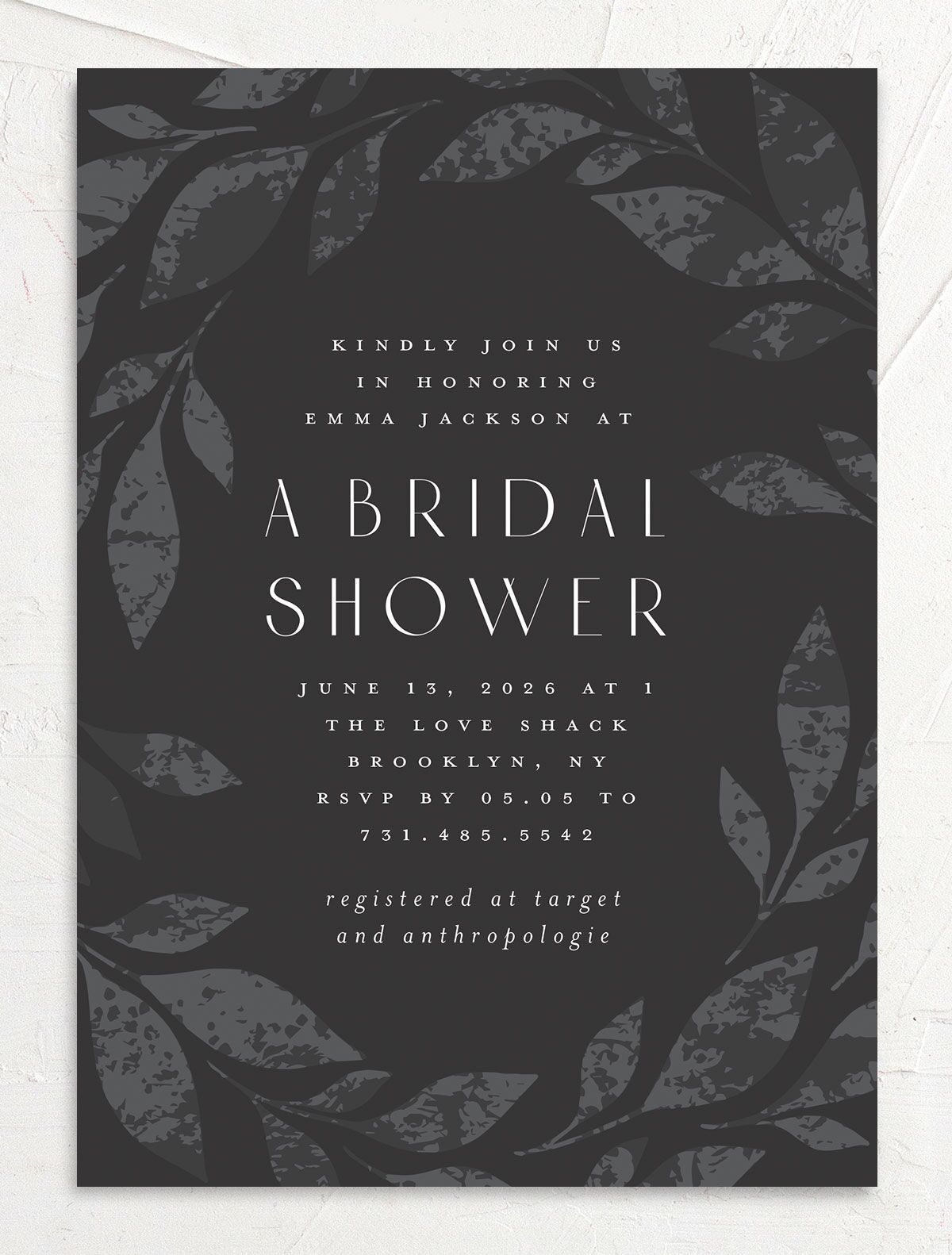 Gilded Leaves Bridal Shower Invitations front in Black