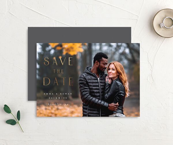 Gilded Leaves Save The Date Cards front-and-back in Black
