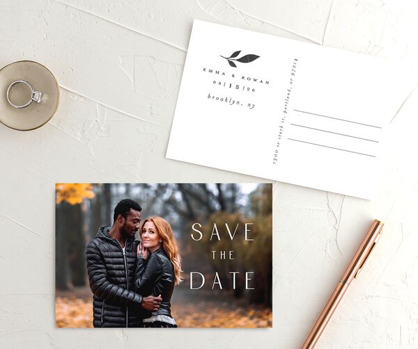 Gilded Leaves Save The Date Postcards front-and-back in Black