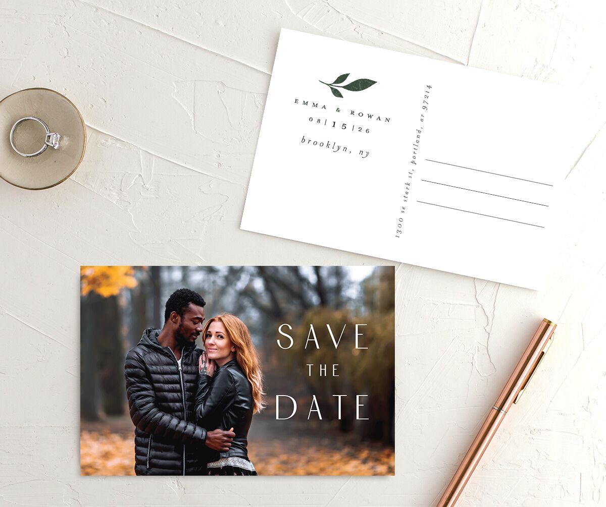 Gilded Leaves Save The Date Postcards Hunter Green