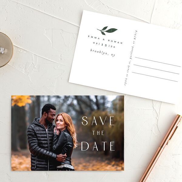 Gilded Leaves Save The Date Postcards Hunter Green