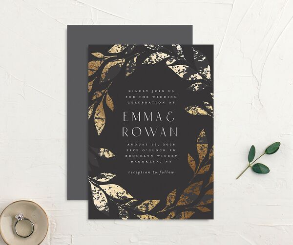 Gilded Leaves Wedding Invitations front-and-back in Black