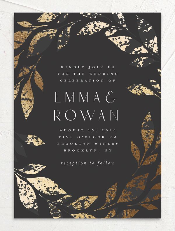 Gilded Leaves Wedding Invitations front in Black