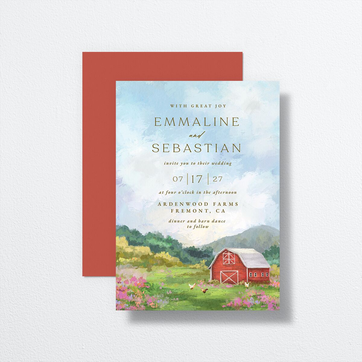 Scenic Barn Wedding Invitations front-and-back in red