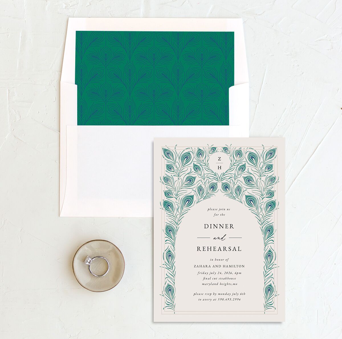 Peacock Nouveau Rehearsal Dinner Invitations Linen Signature