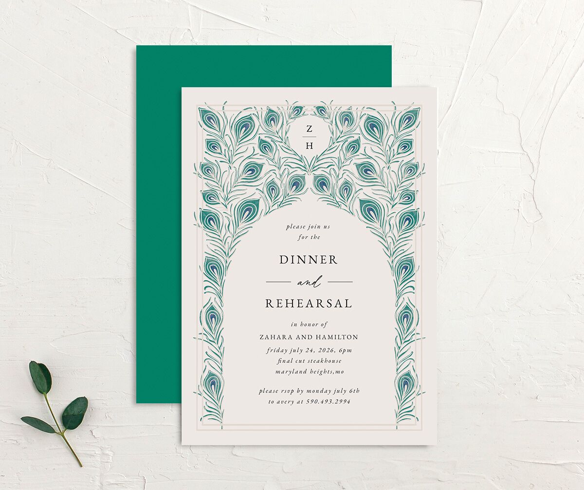 Peacock Nouveau Rehearsal Dinner Invitations Linen Signature