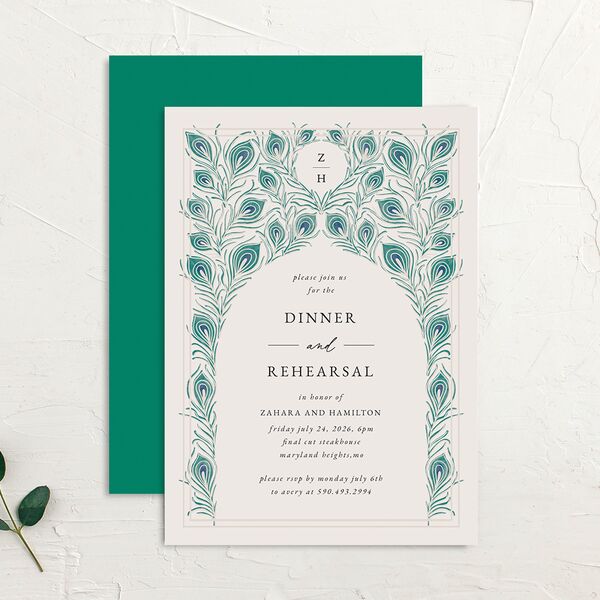 Peacock Nouveau Rehearsal Dinner Invitations Linen Signature