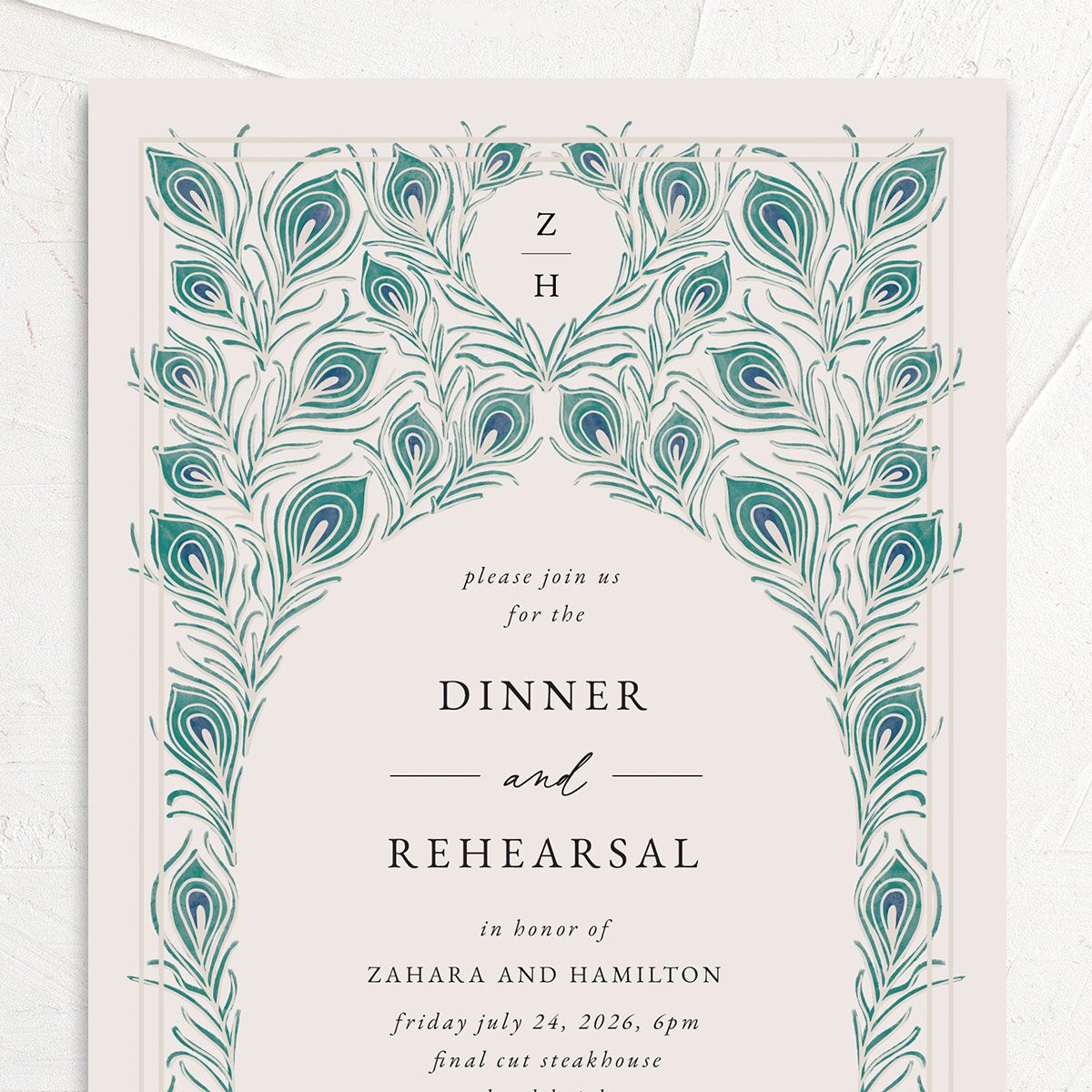Peacock Nouveau Rehearsal Dinner Invitations Linen Signature