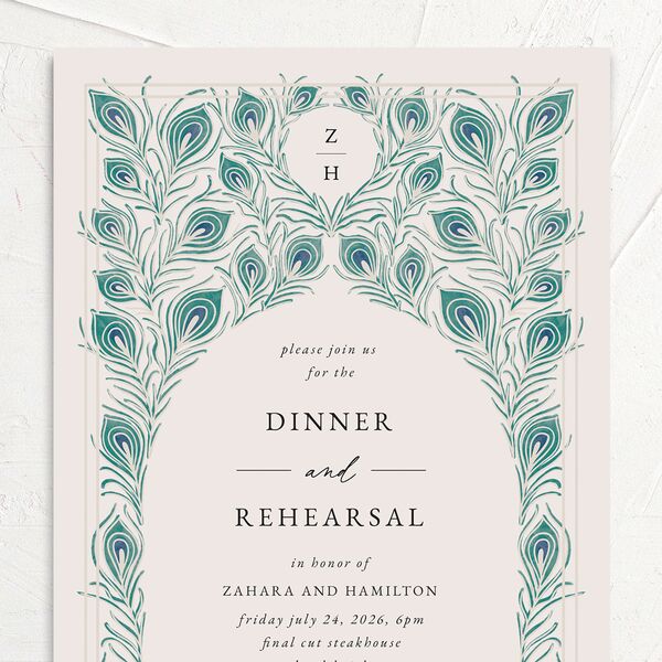 Peacock Nouveau Rehearsal Dinner Invitations Linen Signature