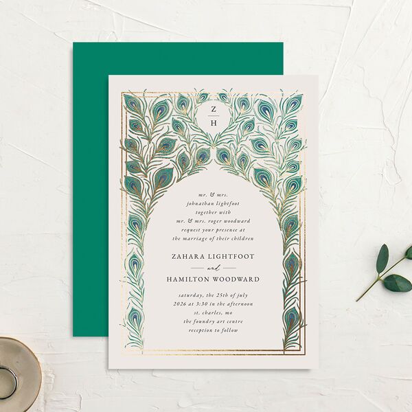 Peacock Nouveau Wedding Invitations Gold Linen Signature No