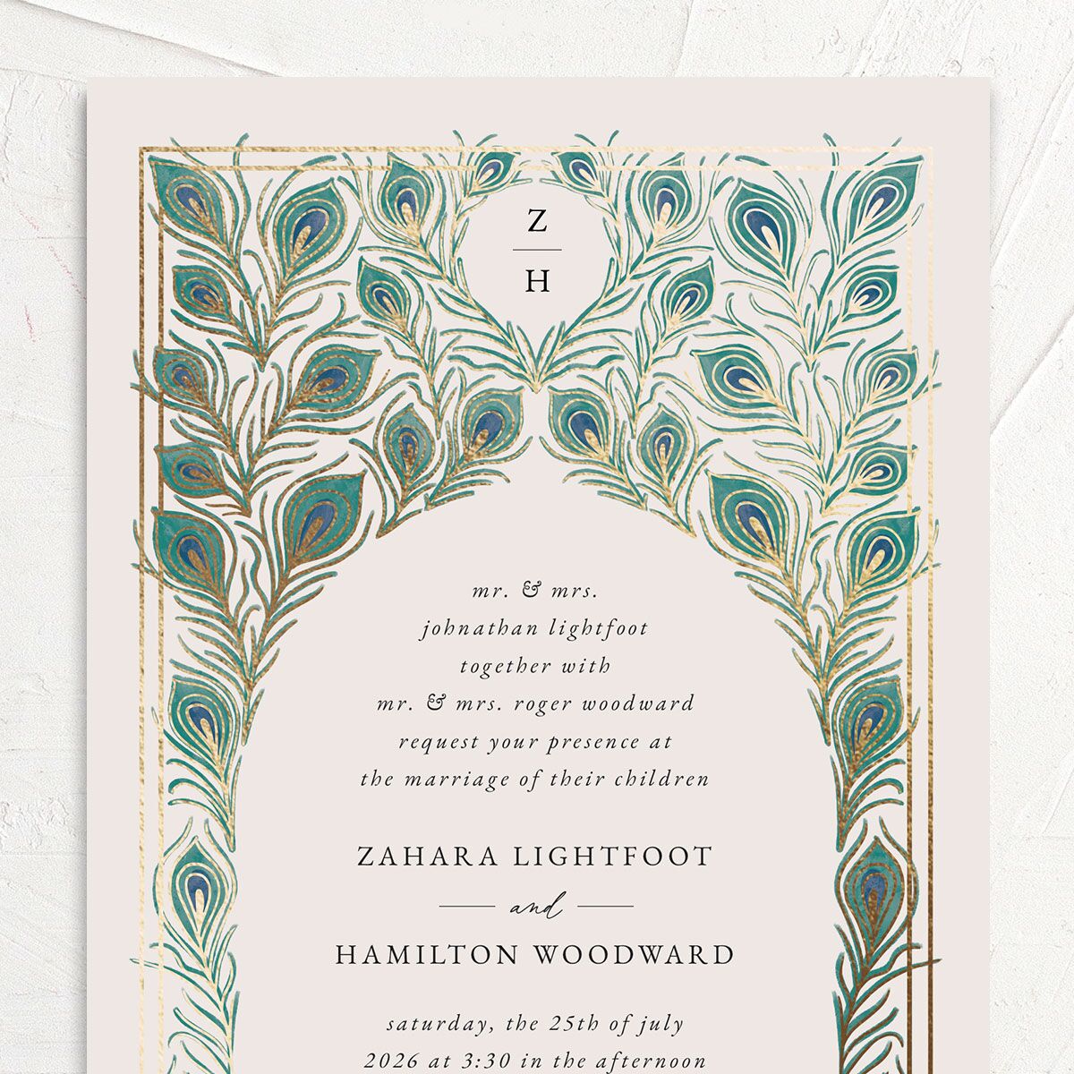 Peacock Nouveau Wedding Invitations Gold Linen Signature No