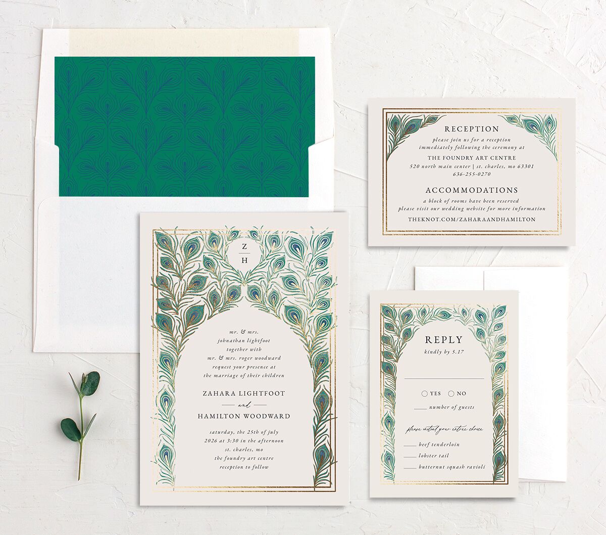 Peacock Nouveau Wedding Invitations Gold Linen Signature No
