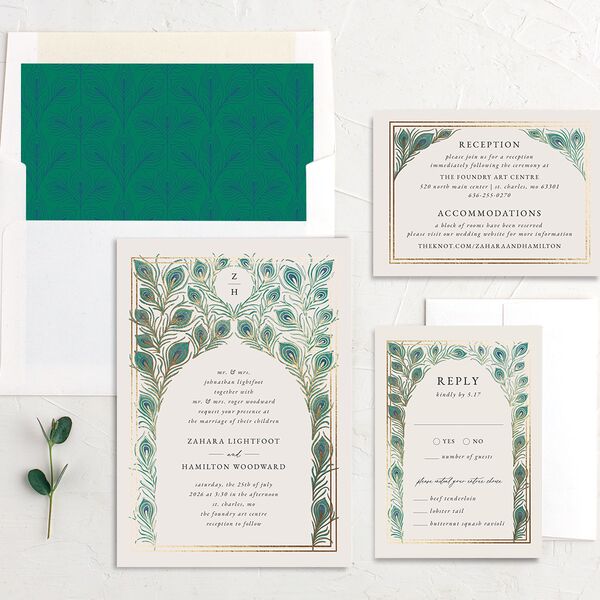 Peacock Nouveau Wedding Invitations Gold Linen Signature No